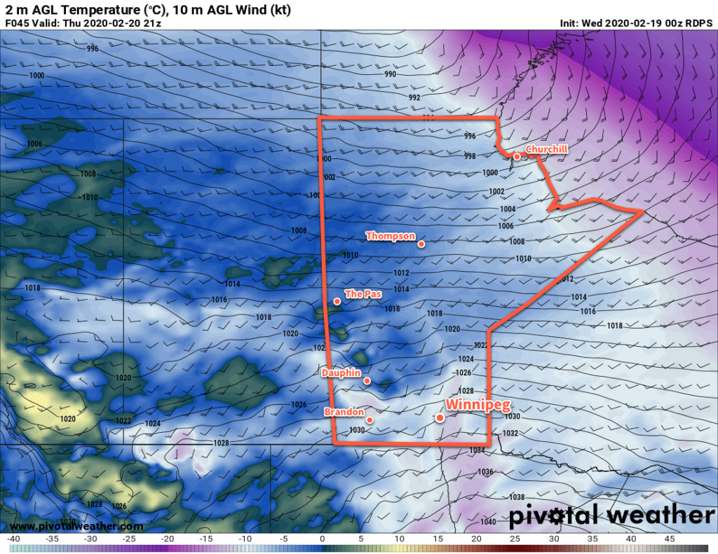 RDPS 2m Temperature Forecast valid 21Z Thursday February 20, 2020