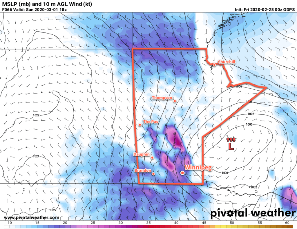 GDPS 10m Wind Forecast valid 18Z Sunday March 1, 2020