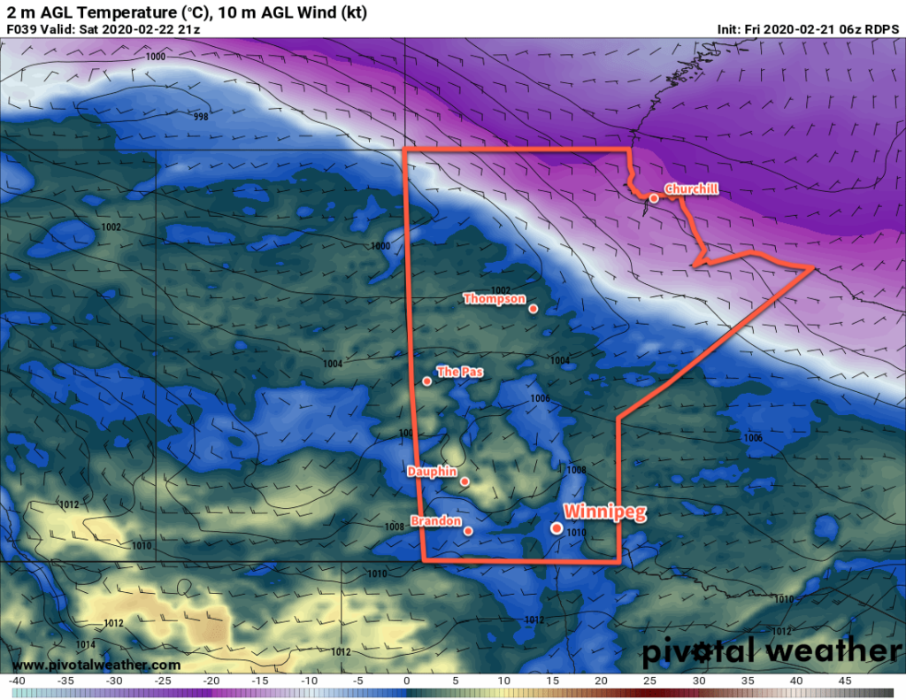 RDPS 2m Temperature Forecast valid 21Z Saturday February 22, 2019