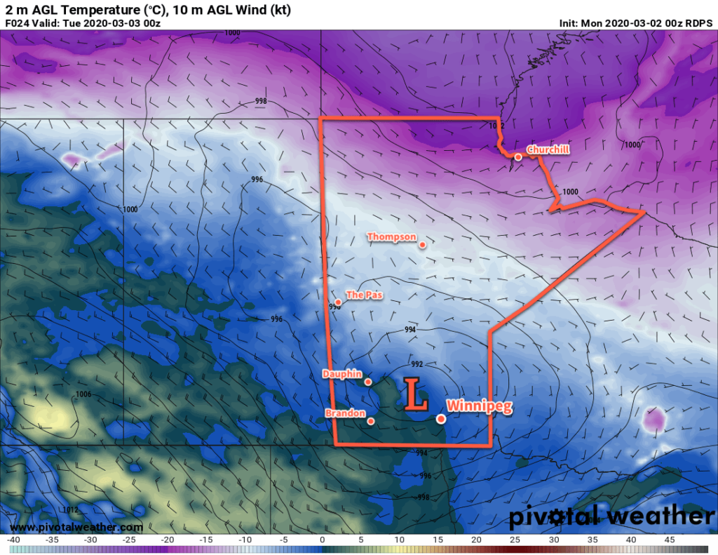 RDPS 2m Temperature Forecast valid 00Z Tuesday March 3, 2020