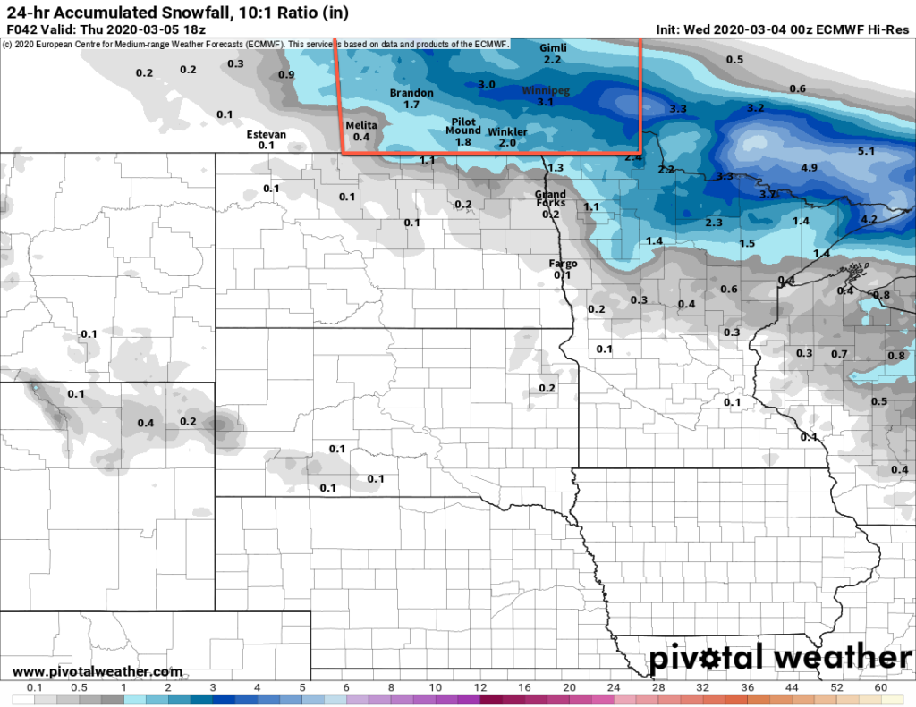 ECMWF 24 hr. Snowfall Accumulation (10:1 SLR) Forecast valid 18Z Thursday March 5, 2020