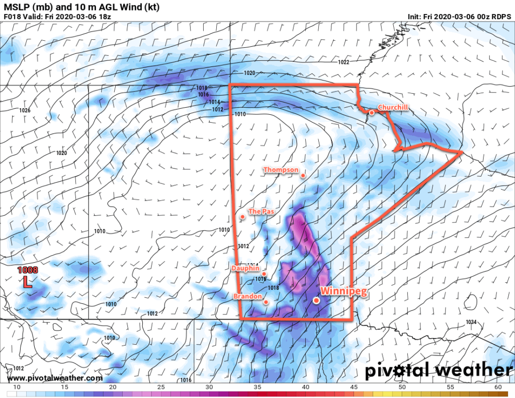 RDPS 10m Wind Forecast valid 18Z Friday March 6, 2020