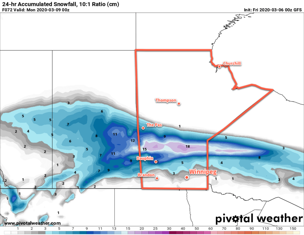 GFS 24hr. Snowfall Accumulation (10:1 SLR) valid Monday March 9, 2020