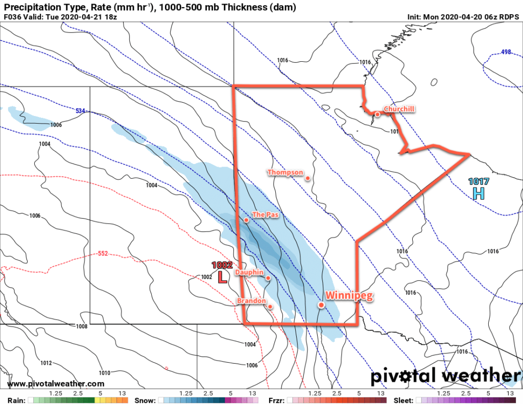 RDPS Precipitation Type/Rate Forecast valid 06Z Monday April 20, 2020