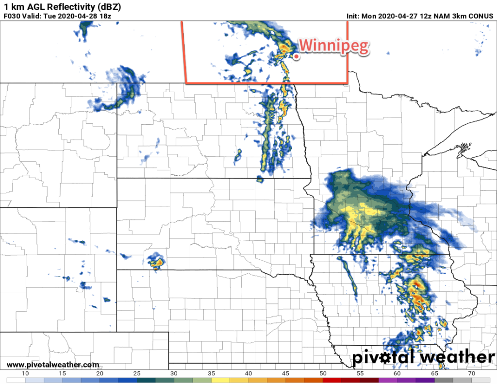 3km NAM Forecast 1km RADAR Reflectivity valid 18Z Tuesday April 28, 2020