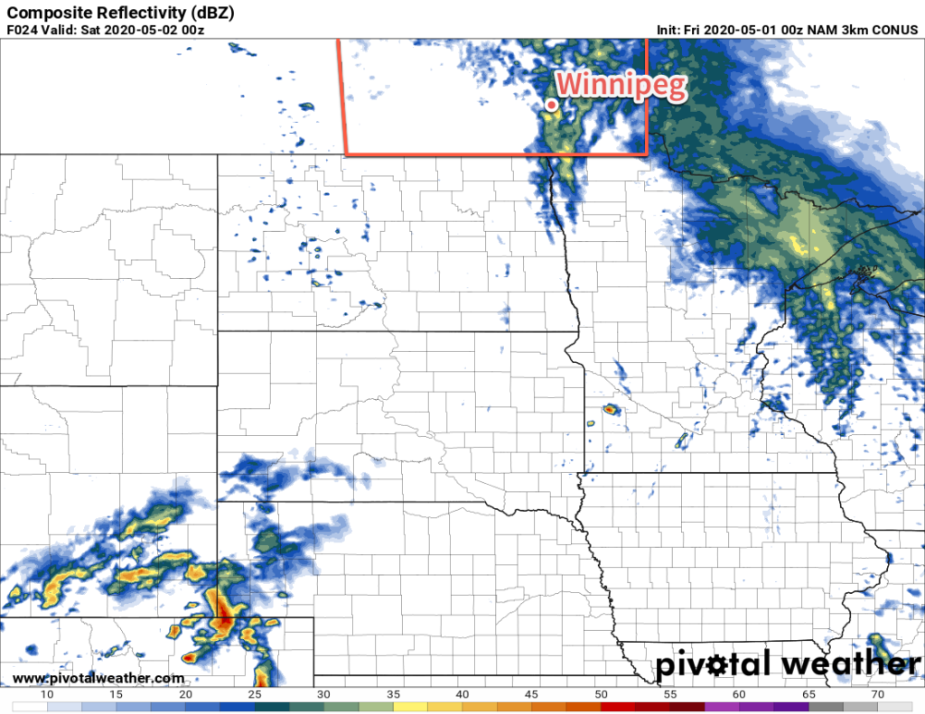 3km NAM Simulated Composite Reflectivity valid 00Z Saturday May 2, 2020