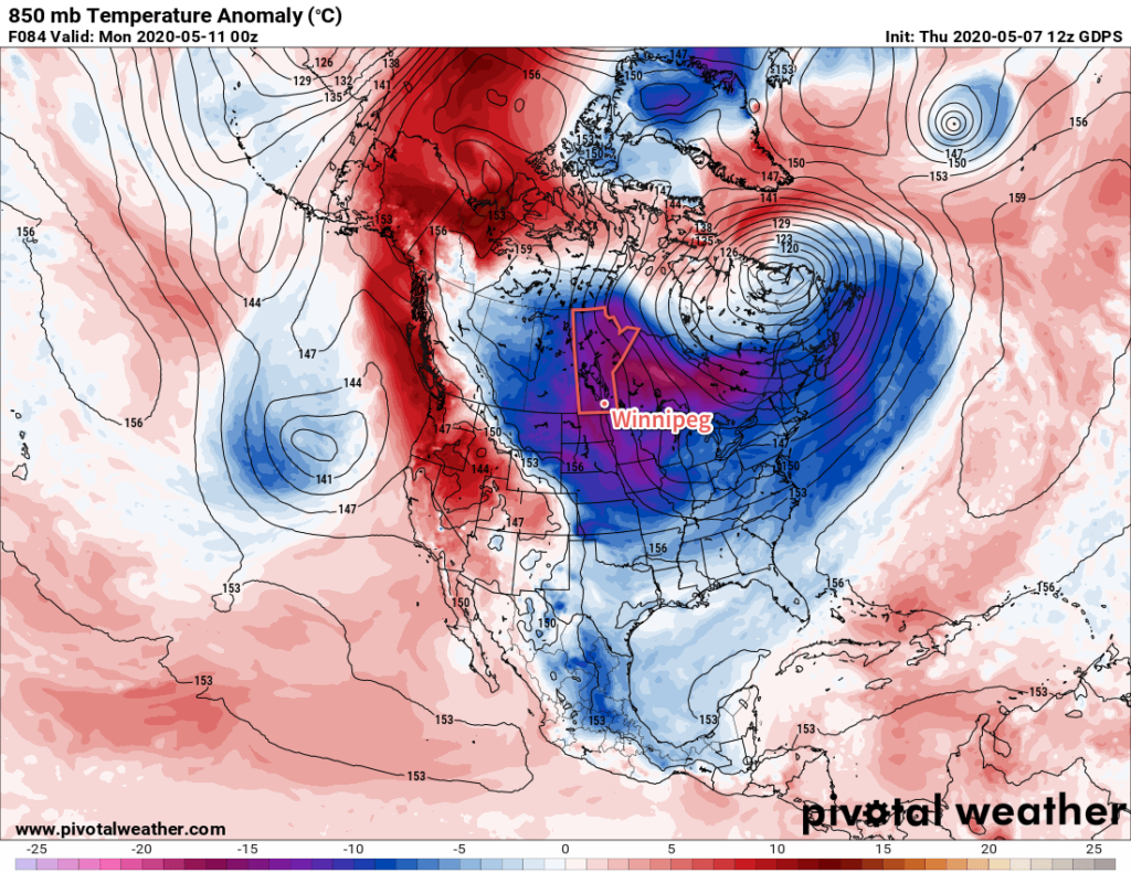 GDPS 850mb Temperature Anomaly Forecast valid 00Z Monday May 11, 2020