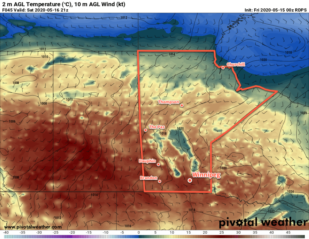 RDPS 2m Temperature Forecast valid 21Z Saturday May 16, 2020