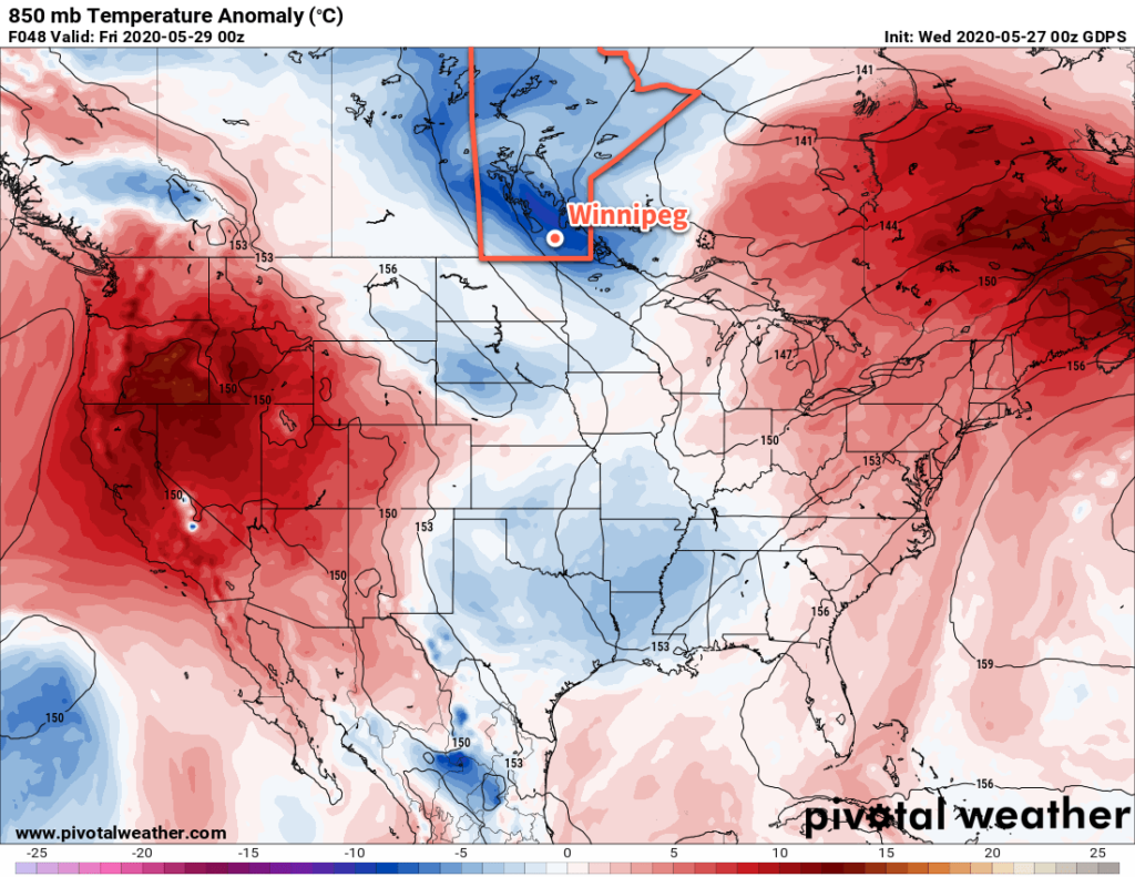 GDPS 850mb Temperature Anomaly Forecast valid 00Z Friday May 29, 2020