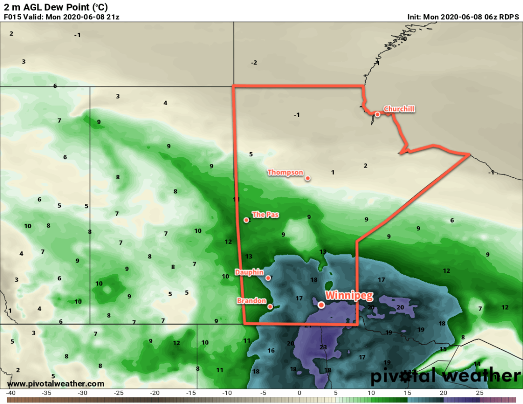 RDPS 2m Dew Point Forecast valid 21Z Monday June 8, 2020