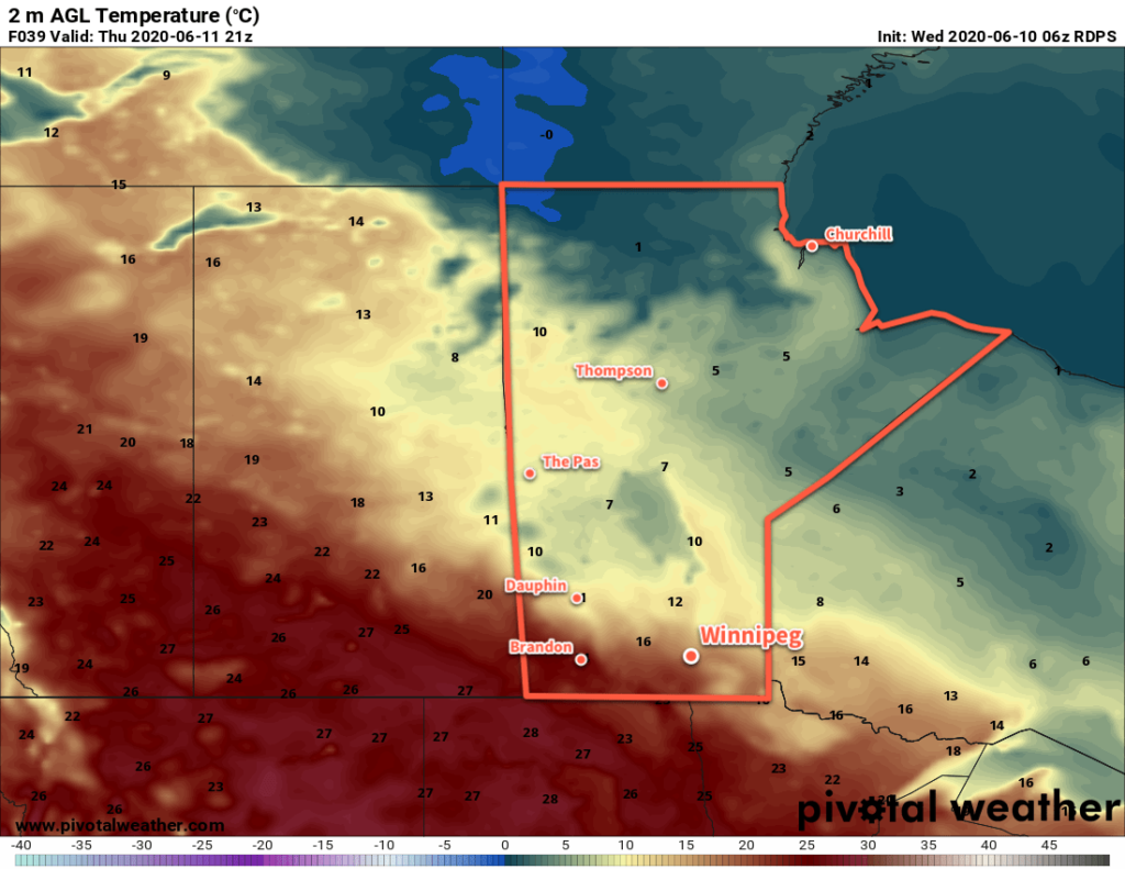 RDPS 2m Temperature Forecast valid 21Z Thursday June 11, 2020