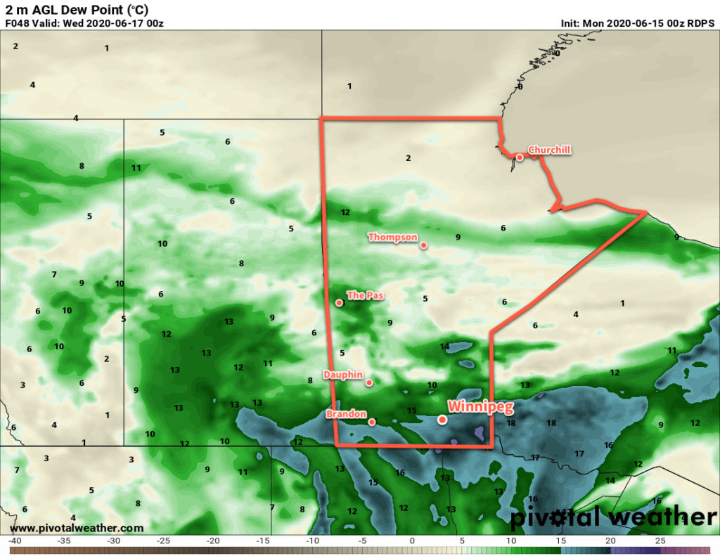 RDPS 2m Dew Point Temperature Forecast valid 00Z Wednesday June 17, 2020