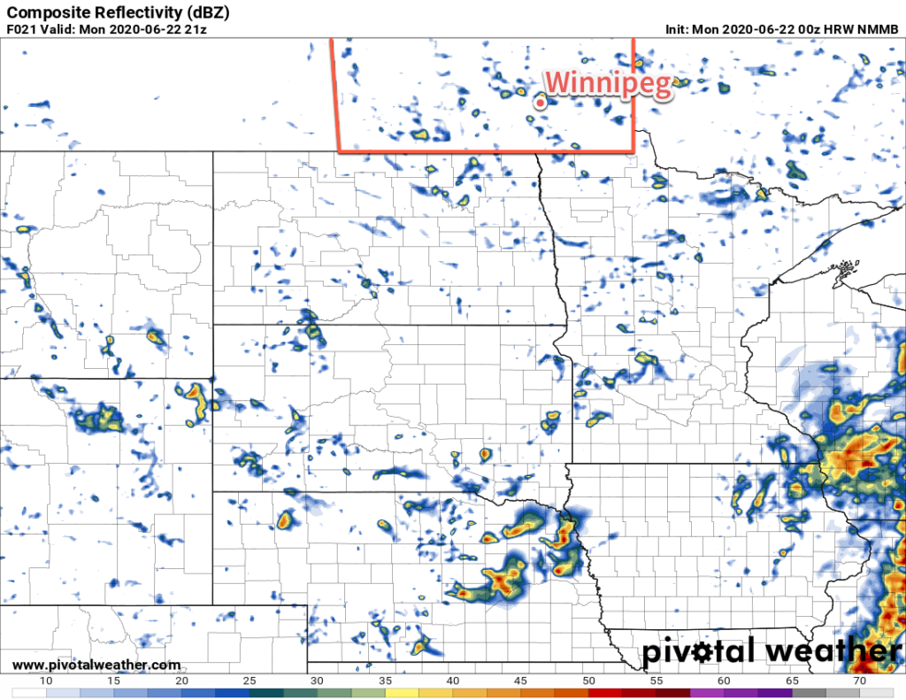 HRW-NMMB Composite Reflectivity Forecast valid 21Z Monday June 22, 2020