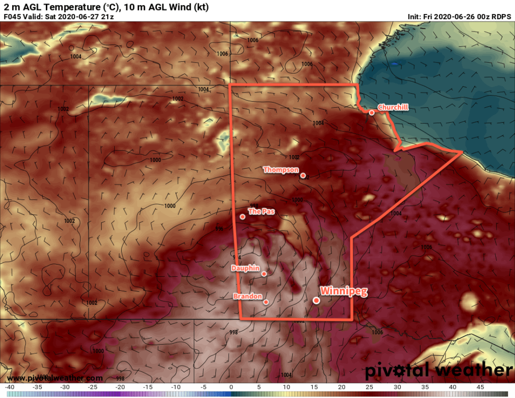 RDPS 2m Temperature Forecast valid 21Z Saturday June 27, 2020