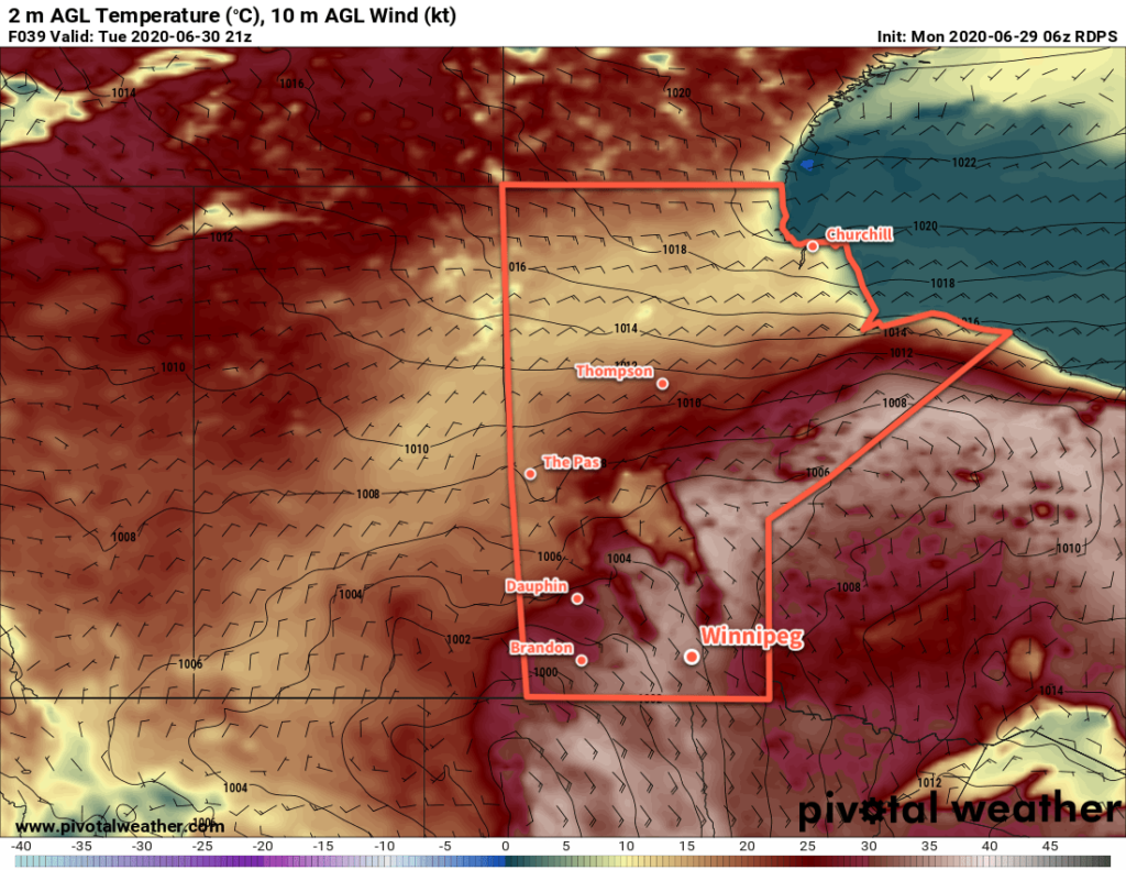 RDPS 2m Temperature Forecast valid 21Z Tuesday June 30, 2020