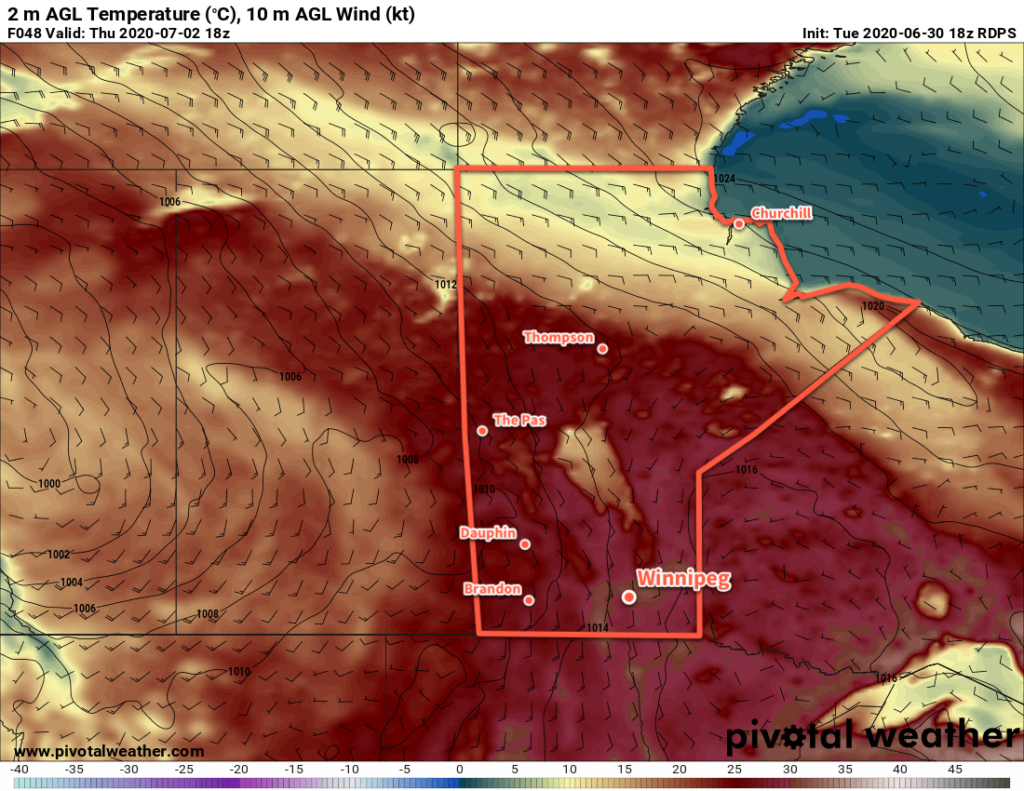 RDPS 2m Temperature Forecast valid 18Z Thursday July 2, 2020