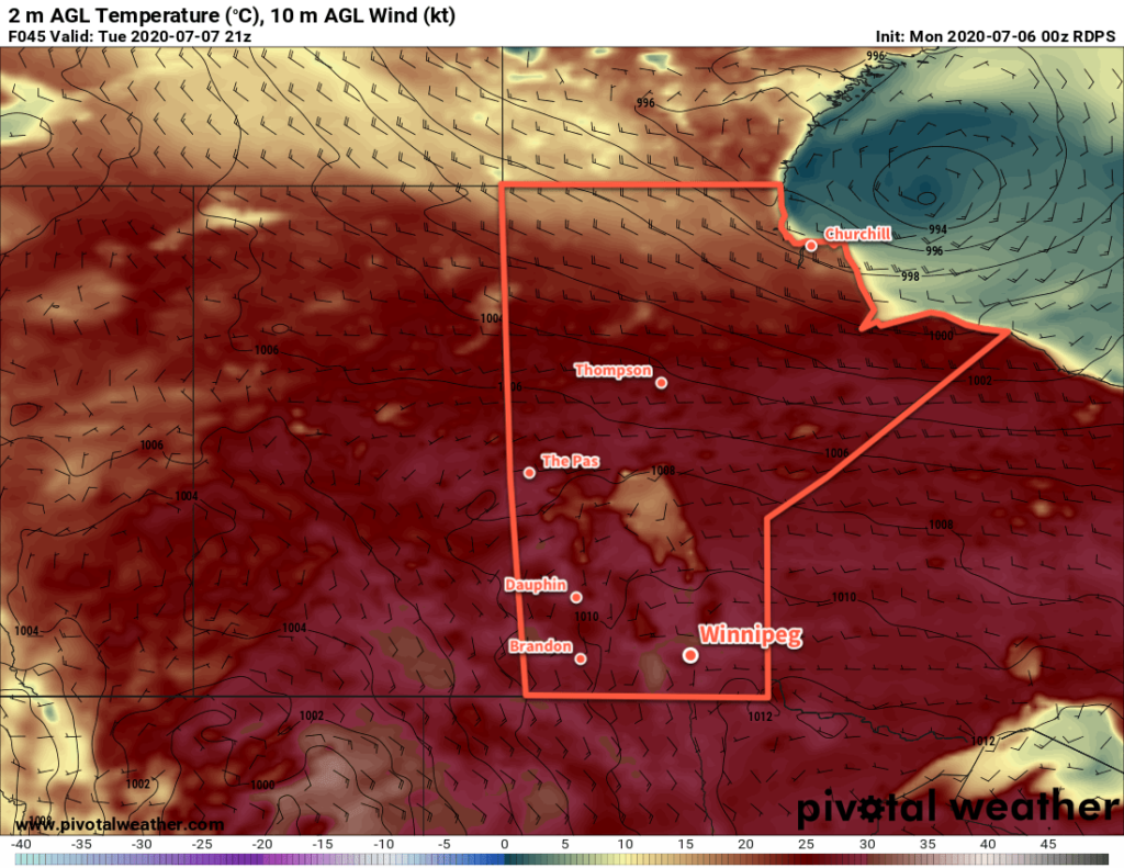 RDPS 2m Temperature Forecast valid 21Z Tuesday July 7, 2020