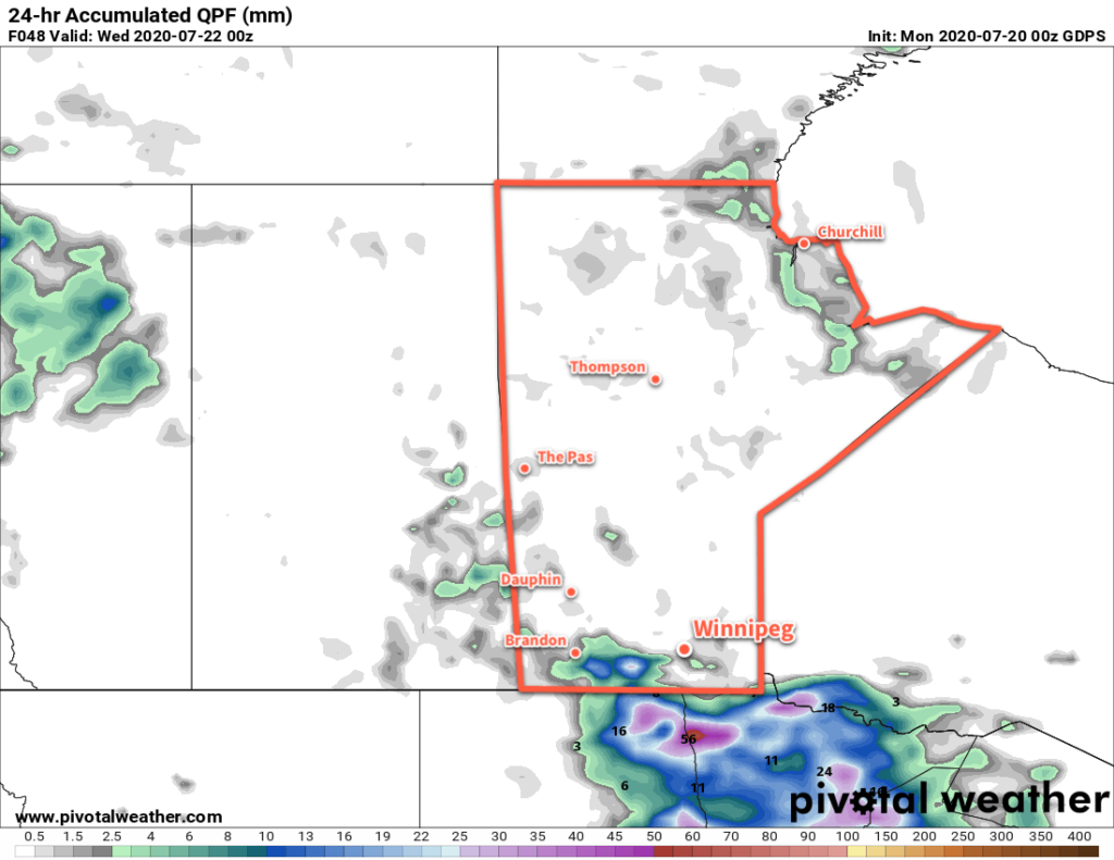 24hr. Accumulated Precipitation Forecast valid 00Z Wednesday July 22, 2020