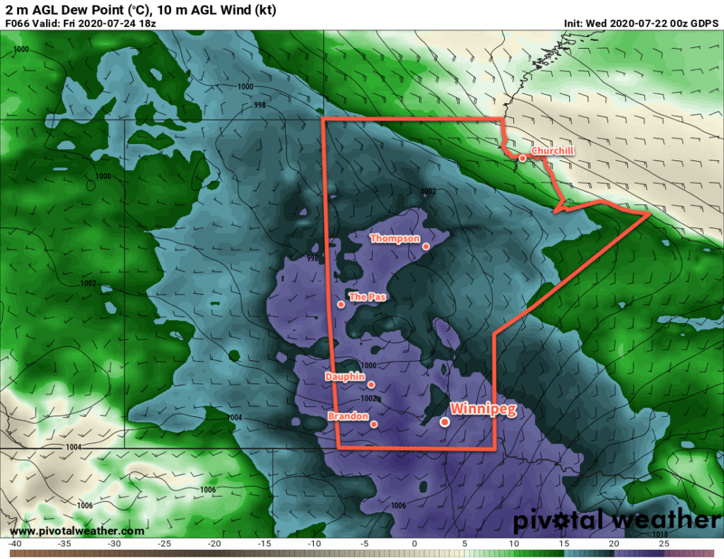 GDPS 2m Dew Point Temperature Forecast valid 18Z Friday July 24, 2020