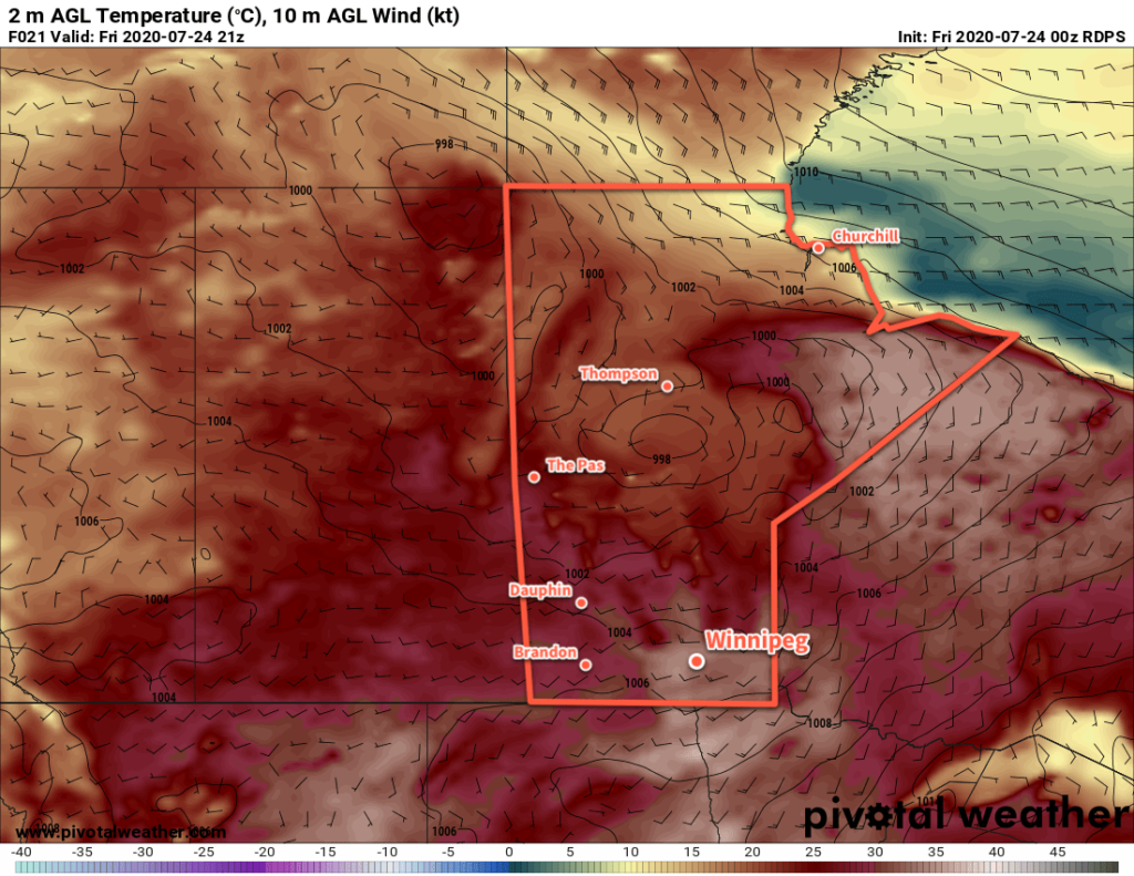 RDPS 2m Temperature Forecast valid 21Z Friday July 24, 2020