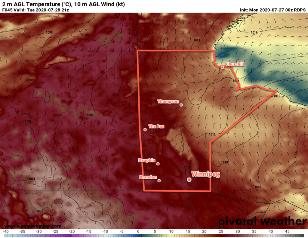 RDPS 2m Temperature Forecast valid 21Z Tuesday July 28, 2020