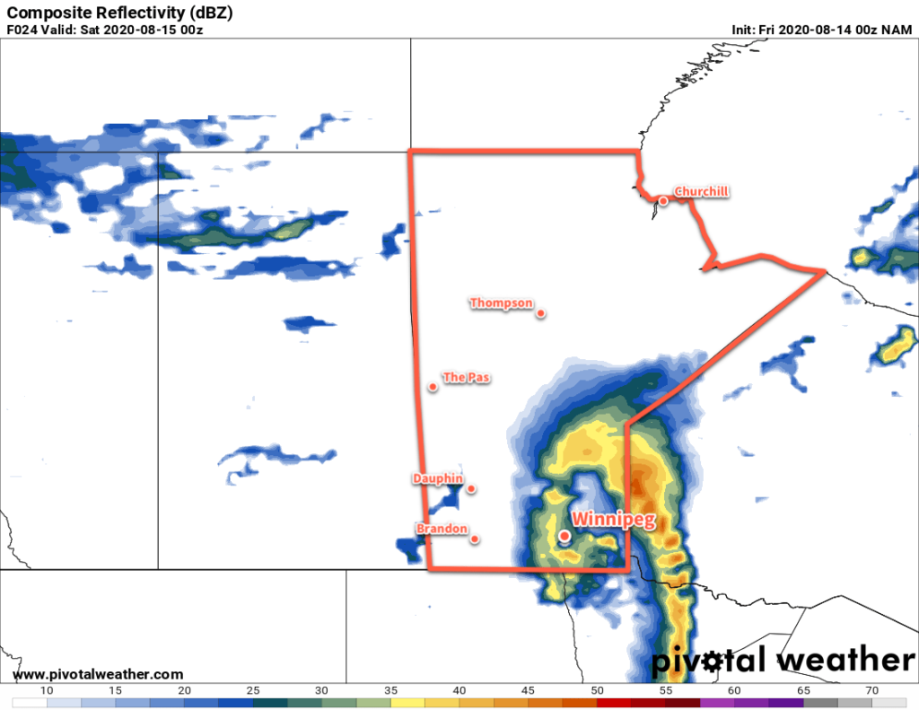 NAM Simulated RADAR Reflectivity valid 00Z Saturday August 8, 2020