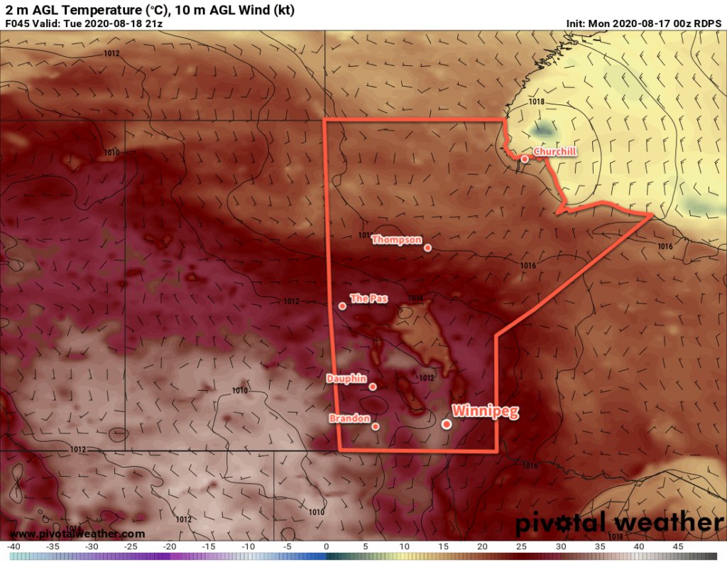 RDPS 2m Temperature Forecast valid 21Z Tuesday August 18, 2020