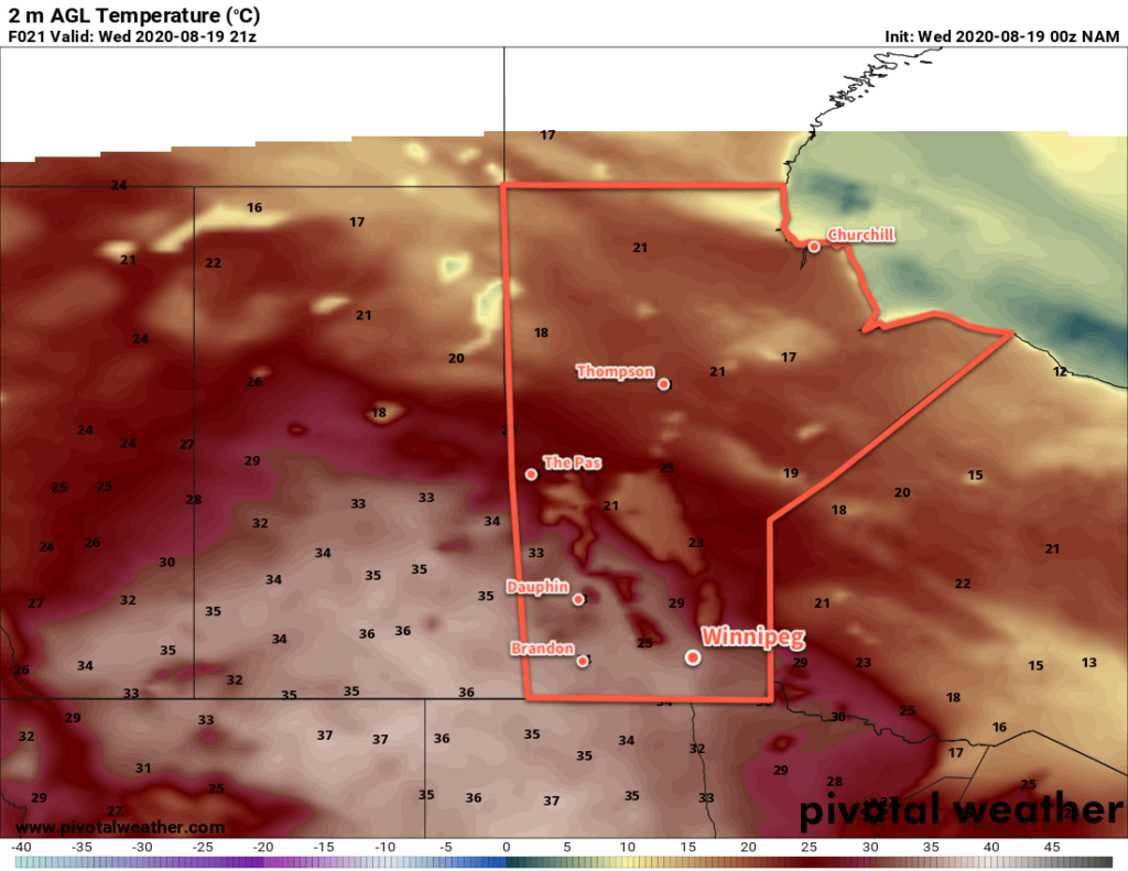 NAM 2m Temperature Forecast valid 21Z August 19, 2020