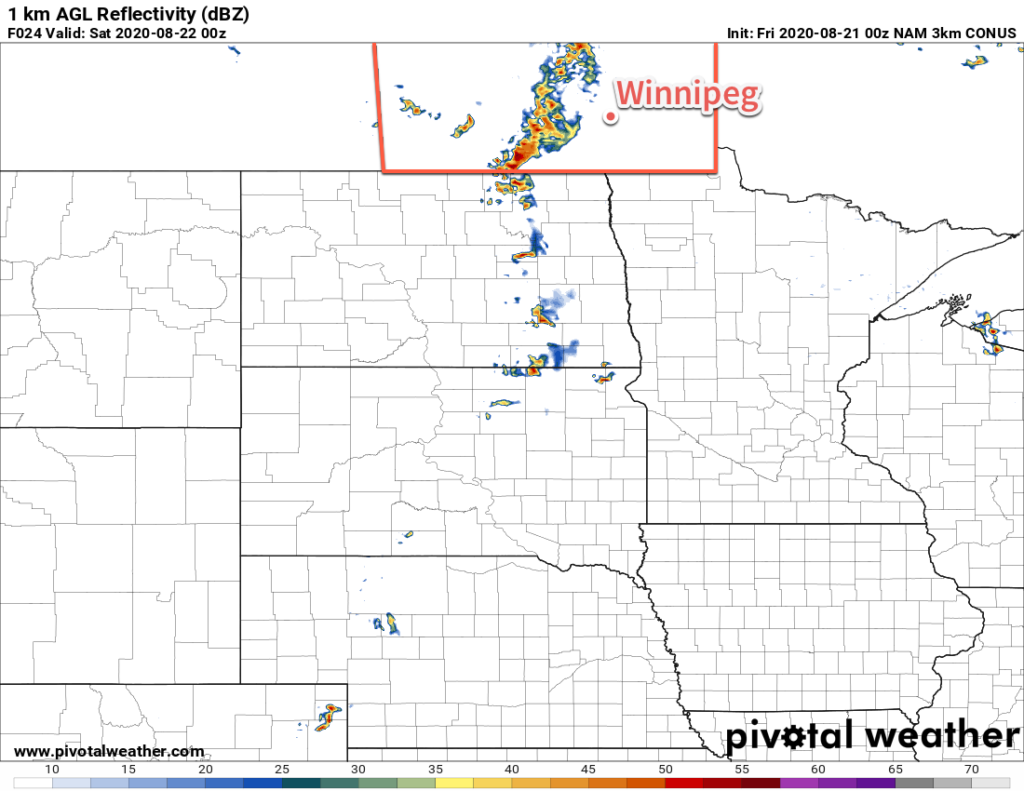 3km NAM Forecast Simulated RADAR Reflectivity valid 00Z Saturday August 22, 2020