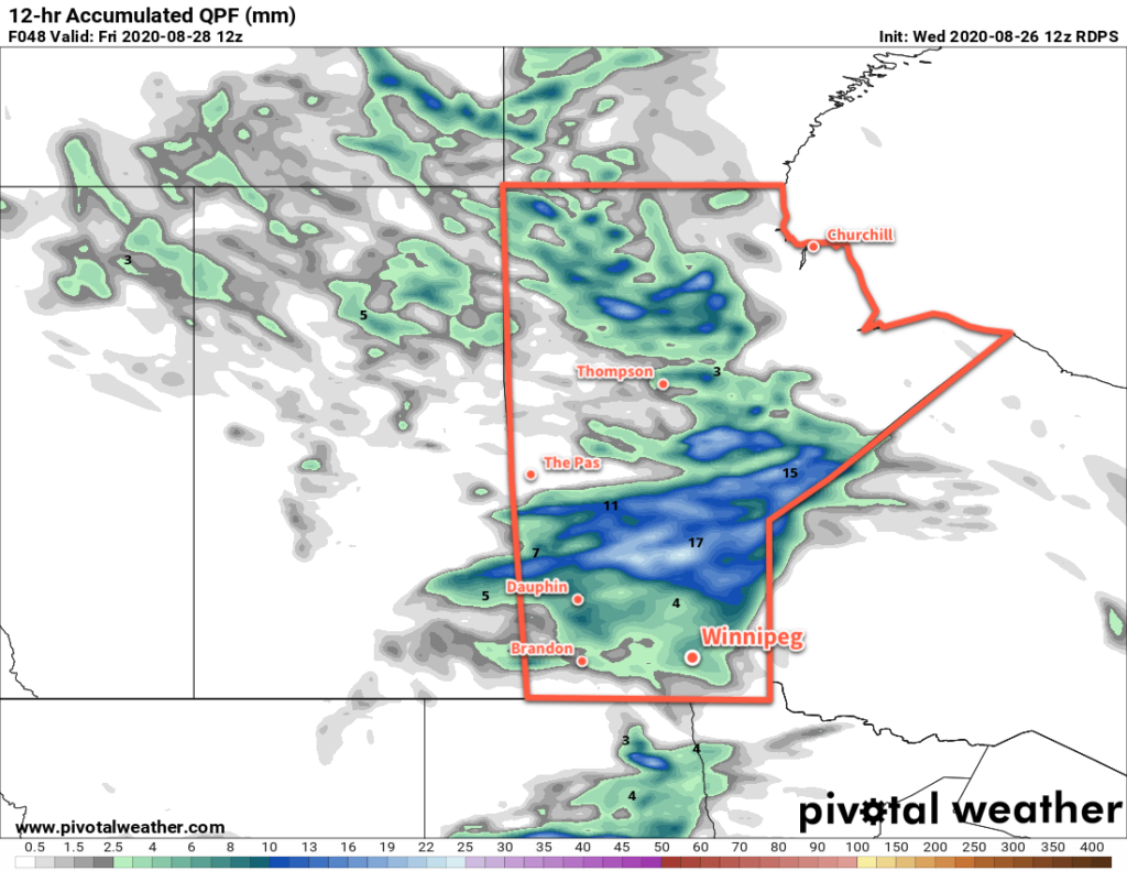 RDPS 12hr. Precipitation Accumulation Forecast valid 12Z Friday August 28, 2020