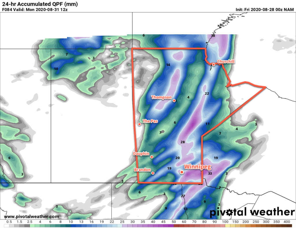 NAM 24hr. Precipitation Accumulation Forecast valid 12Z Monday August 31, 2020