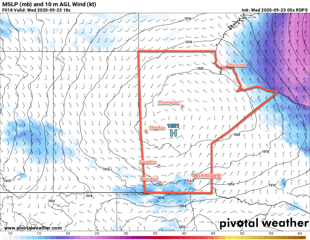 RDPS 10m Wind and MSLP Forecast valid at 18Z Wednesday September 23, 2020