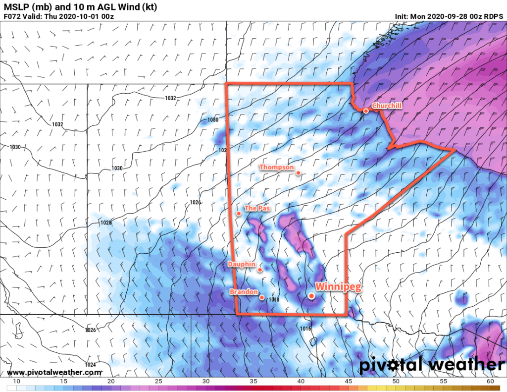 RDPS 10m Wind and MSLP Forecast valid 00Z Thursday October 1, 2020