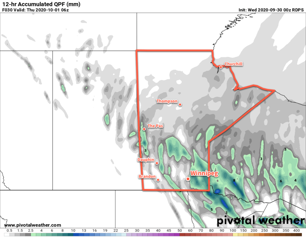 RDPS 12hr. Precipitation Accumulation Forecast valid 06Z Thursday October 1, 2020