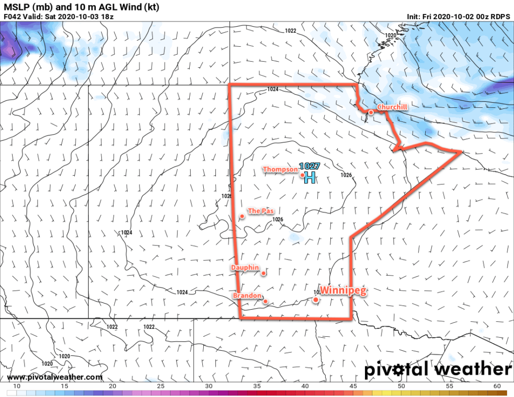 RDPS 10m Wind Speed and MSLP Forecast valid 18Z Saturday October 3, 2020