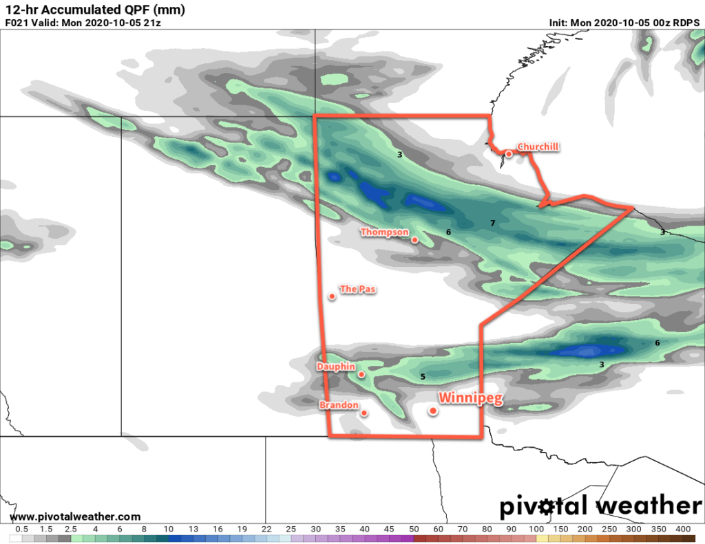 RDPS 12hr. Accumulated Precipitation Forecast valid 21Z Monday October 5, 2020