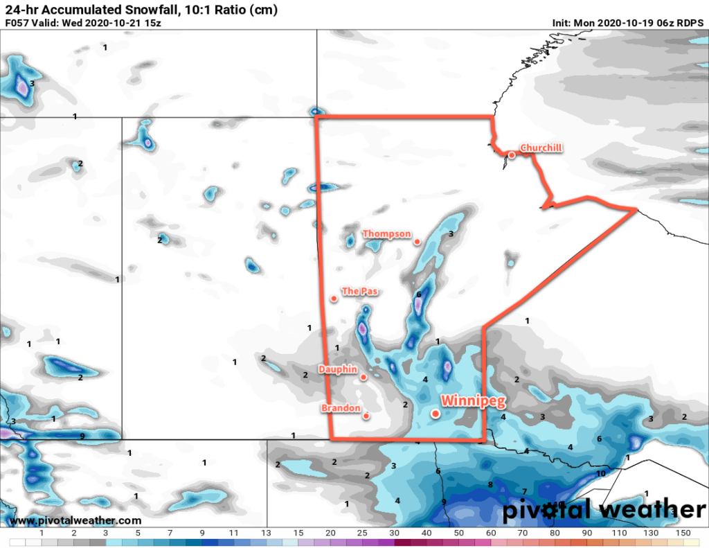 24 hr. Forecast Snowfall Accumulation at 10:1 SLR valid 15Z Wednesday October 21, 2020