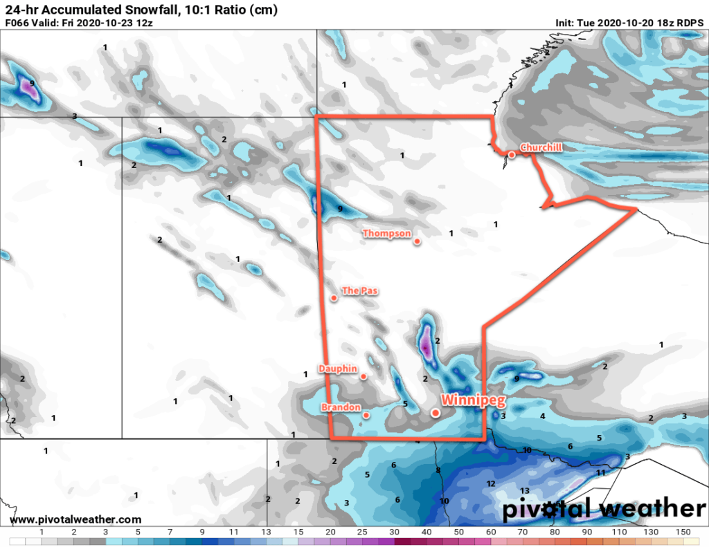 RDPS Forecast 24 hr. Snowfall Totals valid 12Z Friday October 23, 2020