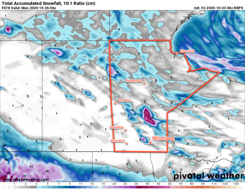RDPS Total Accumulated Snowfall Forecast (at 10:1 SLR) valid 00Z Friday October 23 to 06Z Monday October 26, 2020