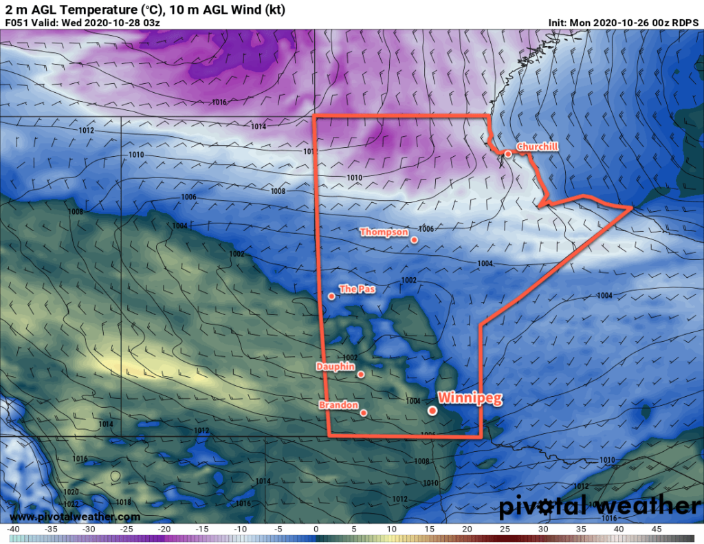 RDPS 2m Temperature Forecast valid 03Z Wednesday October 28, 2020