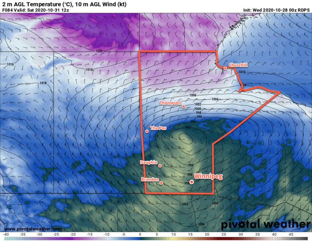 RDPS 2m Temperature Forecast valid 12Z Saturday October 31, 2020