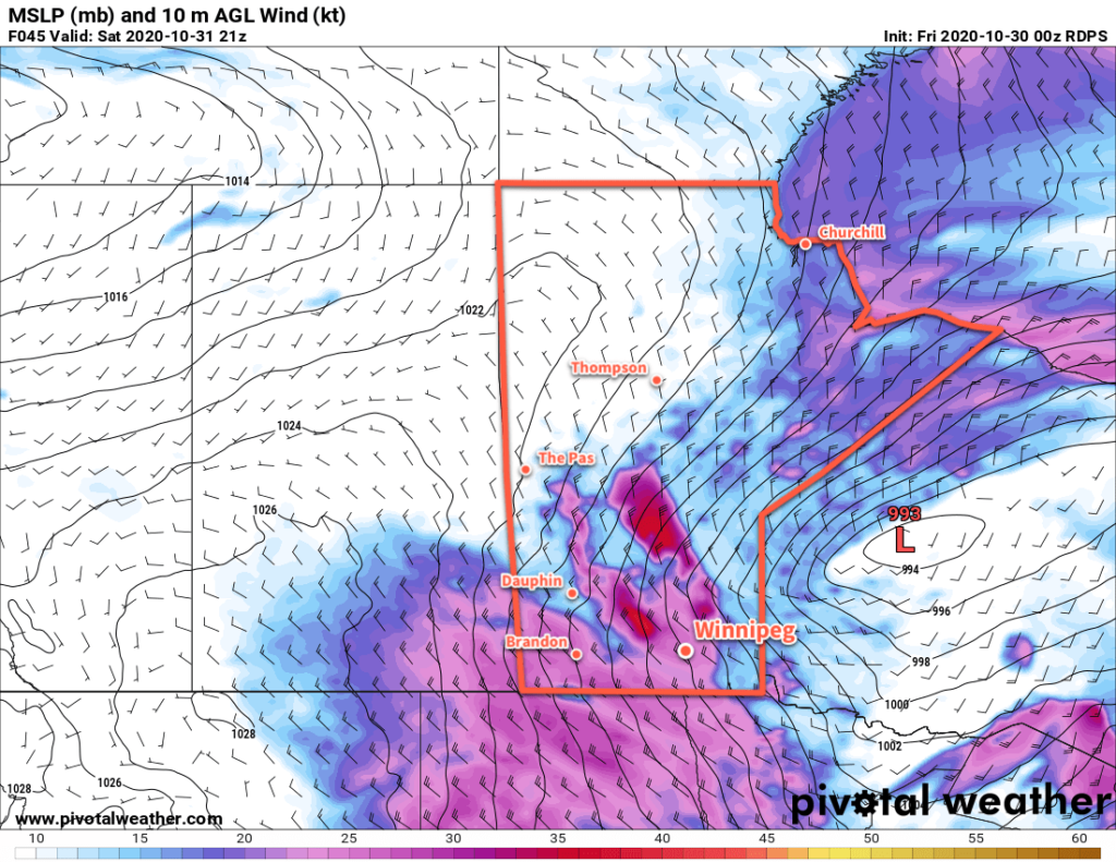 RDPS 10m Wind Forecast valid 21Z Saturday October 31, 2020