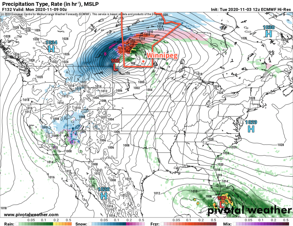 ECMWF Forecast Precipitation Type/Rate valid 00Z Monday November 9, 2020