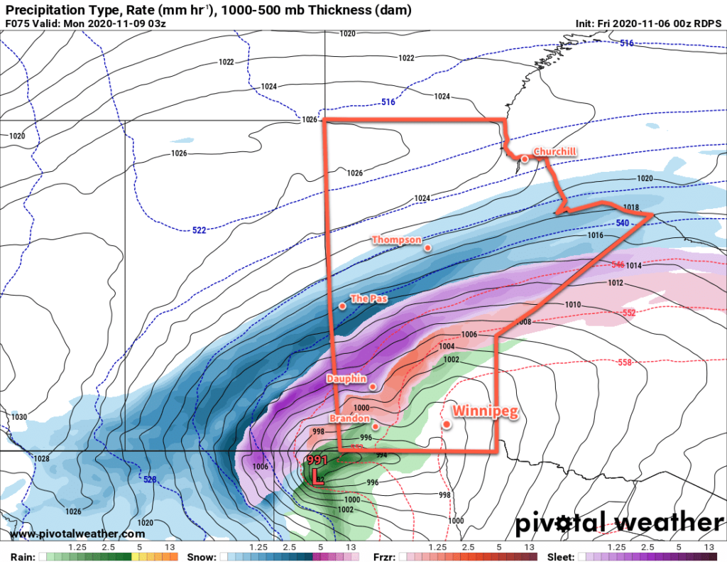 RDPS Precipitation Type/Rate Forecast valid 03Z Monday November 9, 2020