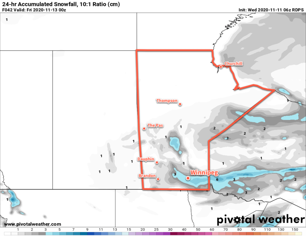 RDPS 24hr. Accumulated Snowfall at 10:1 SLR valid 00Z Friday November 13, 2020