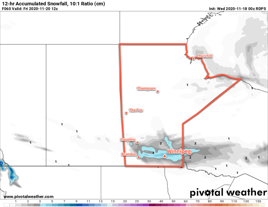 RDPS 12hr. Accumulated Snowfall Forecast (at 10:1 SLR) valid 12Z Friday November 20, 2020