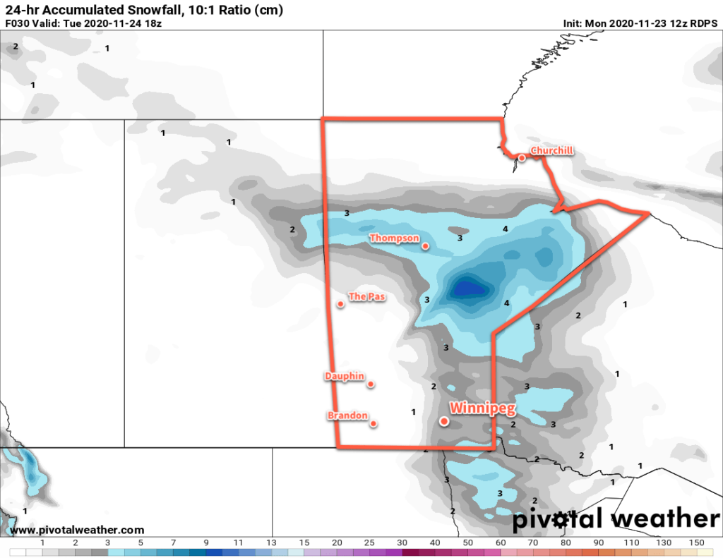 RDPS 24 hour Accumulated Snowfall Forecast (at 10:1 SLR) valid at 18Z Tuesday November 24, 2020