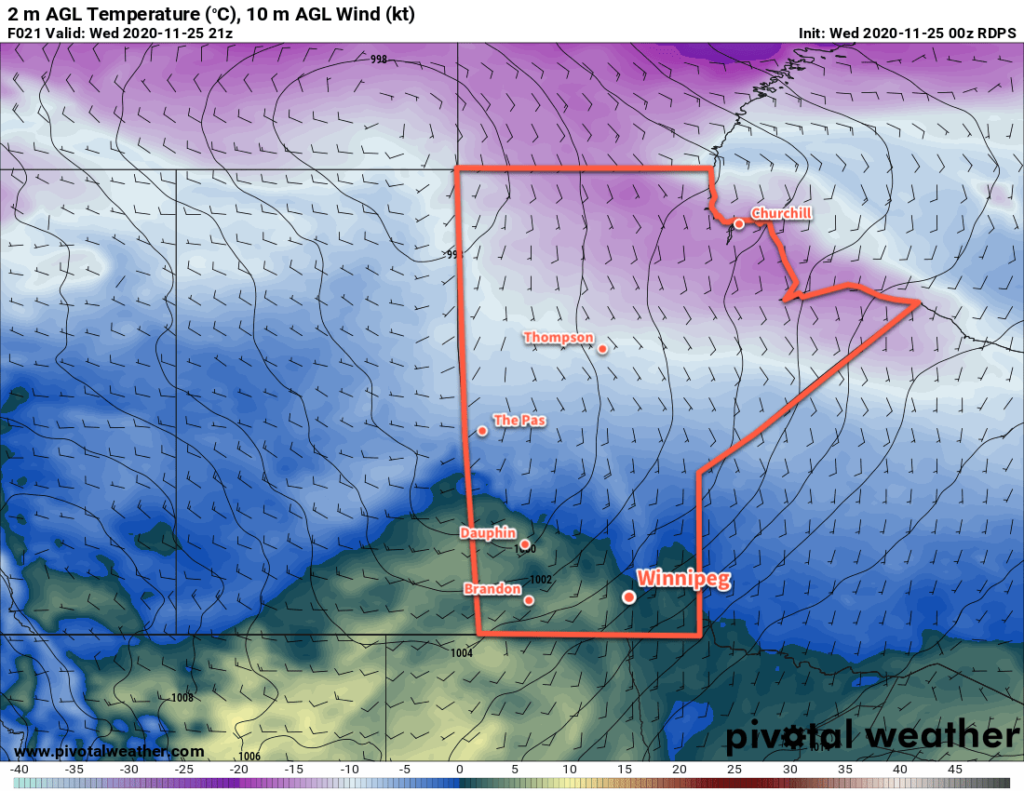 RDPS 2m Temperature Forecast valid 21Z Wednesday November 25, 2020