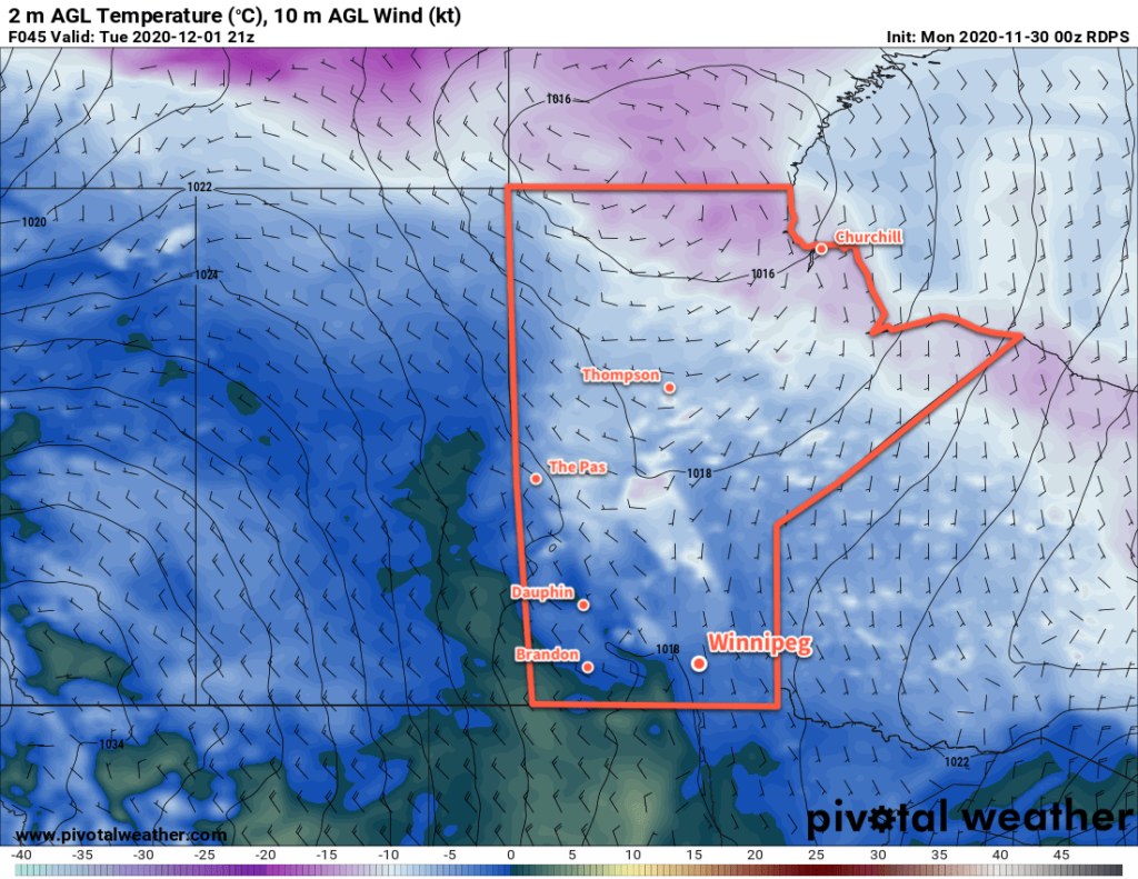 RDPS 2m Temperature Forecast valid 21Z December 1, 2020