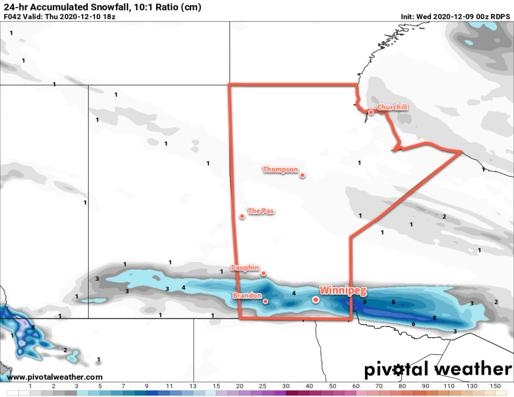 RDPS 24hr. Snow Accumulation (at 10:1 SLR) valid 18Z Thursday December 10, 2020